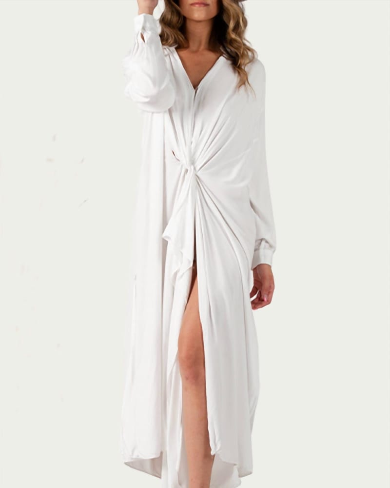 Front of a model wearing a size L Renee Twist Front Jersey Maxi Dress in White in White by LUCCA. | dia_product_style_image_id:337433